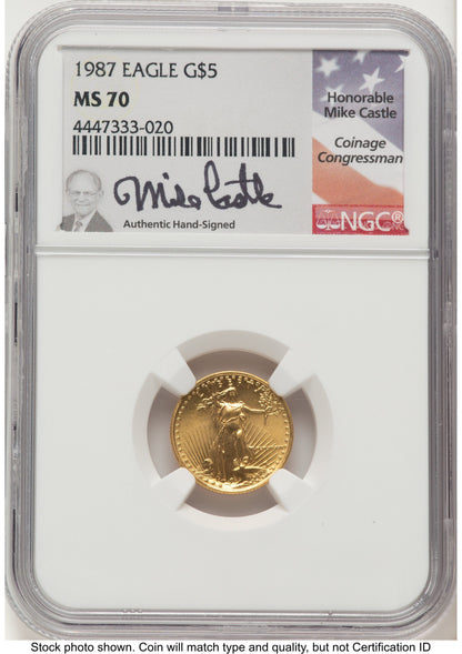 1987 Gold Eagle 1/10 oz Mike Castle NGC MS70