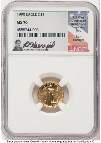 1990 Gold Eagle 1/10 oz Ron Harrigal NGC MS70