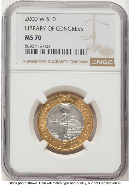 2000-W $10 Library of Congress Bi-Metallic Gold 0.2509 oz and Platinum 0.2509 oz Brown Label Modern Issues NGC MS70
