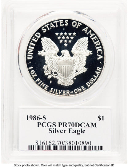 1986-S Proof Silver Eagle 1 oz George Casey PCGS PR70