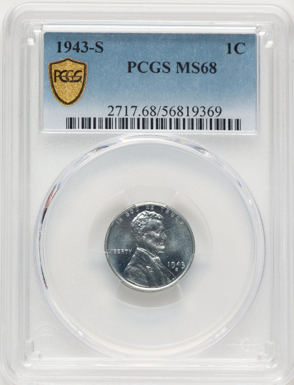 1943-S 1C Blue Gradient Lincoln Cent PCGS MS68