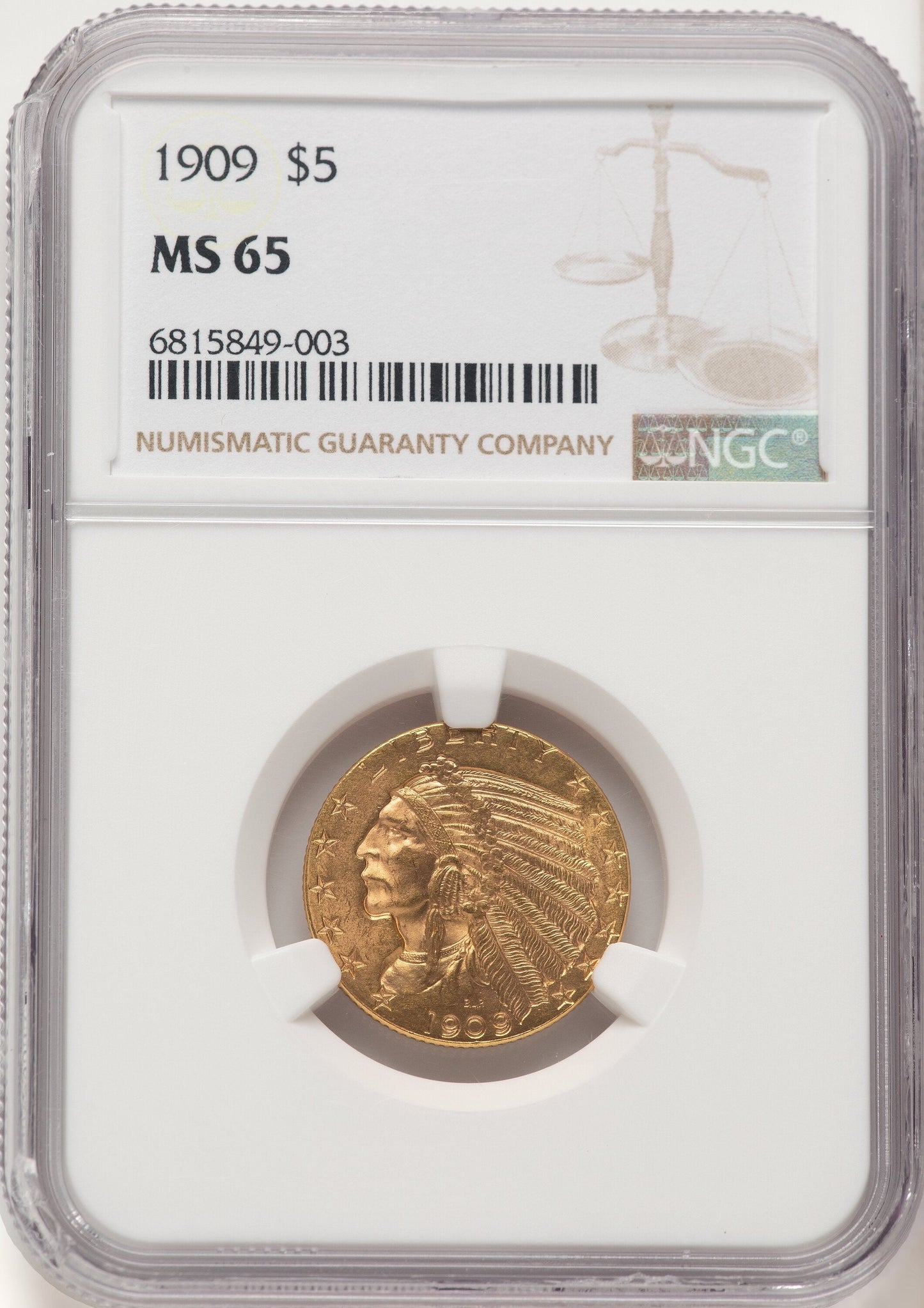 1909 $5 Indian Half Eagle NGC MS65