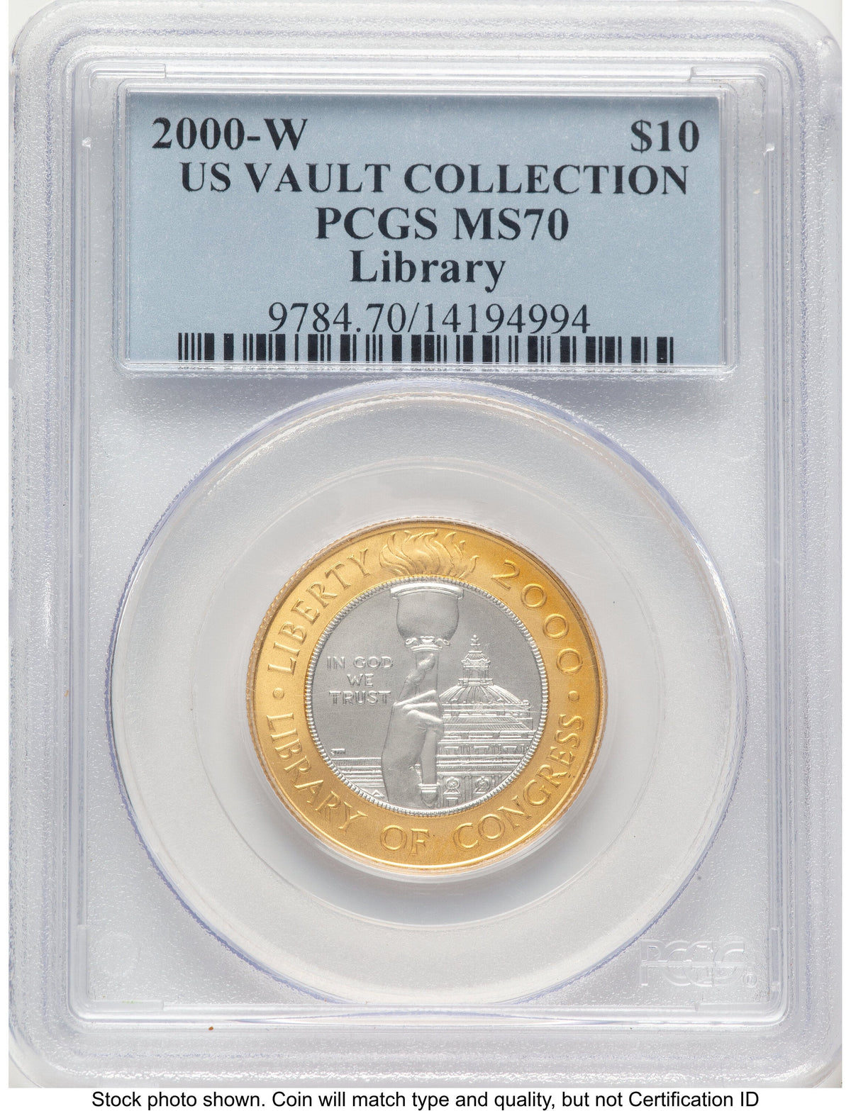 2000-W $10 Library of Congress Bi-Metallic Gold 0.2509 oz and Platinum 0.2509 oz US Vault Collection Blue Label Modern Issues PCGS MS70