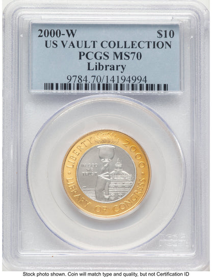 2000-W $10 Library of Congress Bi-Metallic Gold 0.2509 oz and Platinum 0.2509 oz US Vault Collection Blue Label Modern Issues PCGS MS70
