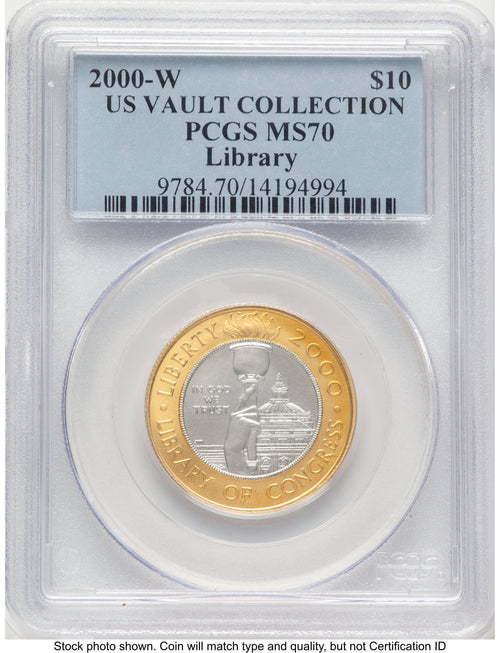 2000-W $10 Library of Congress Bi-Metallic Gold 0.2509 oz and Platinum 0.2509 oz US Vault Collection Blue Label Modern Issues PCGS MS70