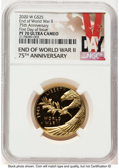 2020-W 1/2 oz Proof Gold End of World War II 75th Anniversary FDI V-Day Label NGC PF70