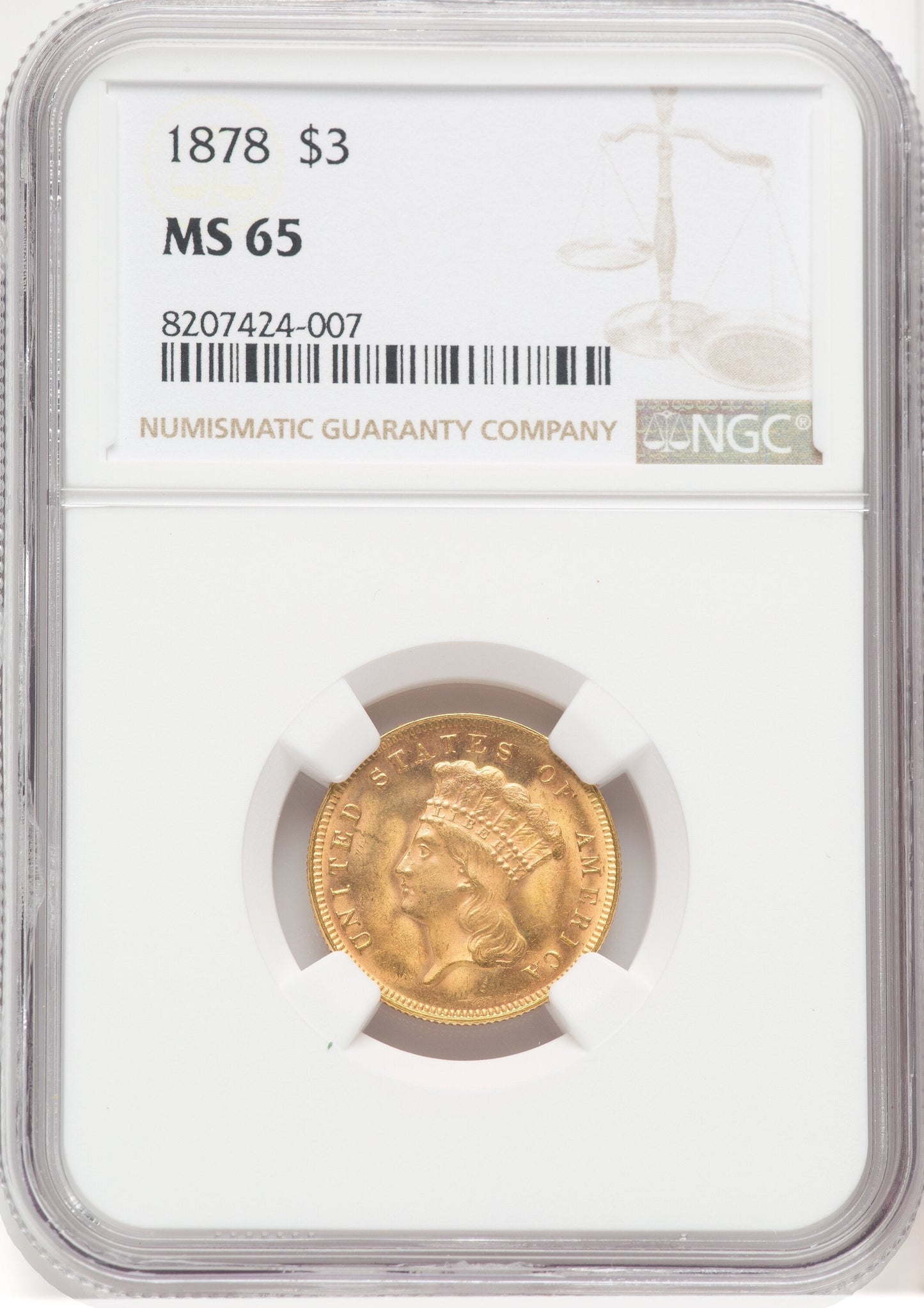 1878 $3 Three Dollar Gold Pieces NGC MS65
