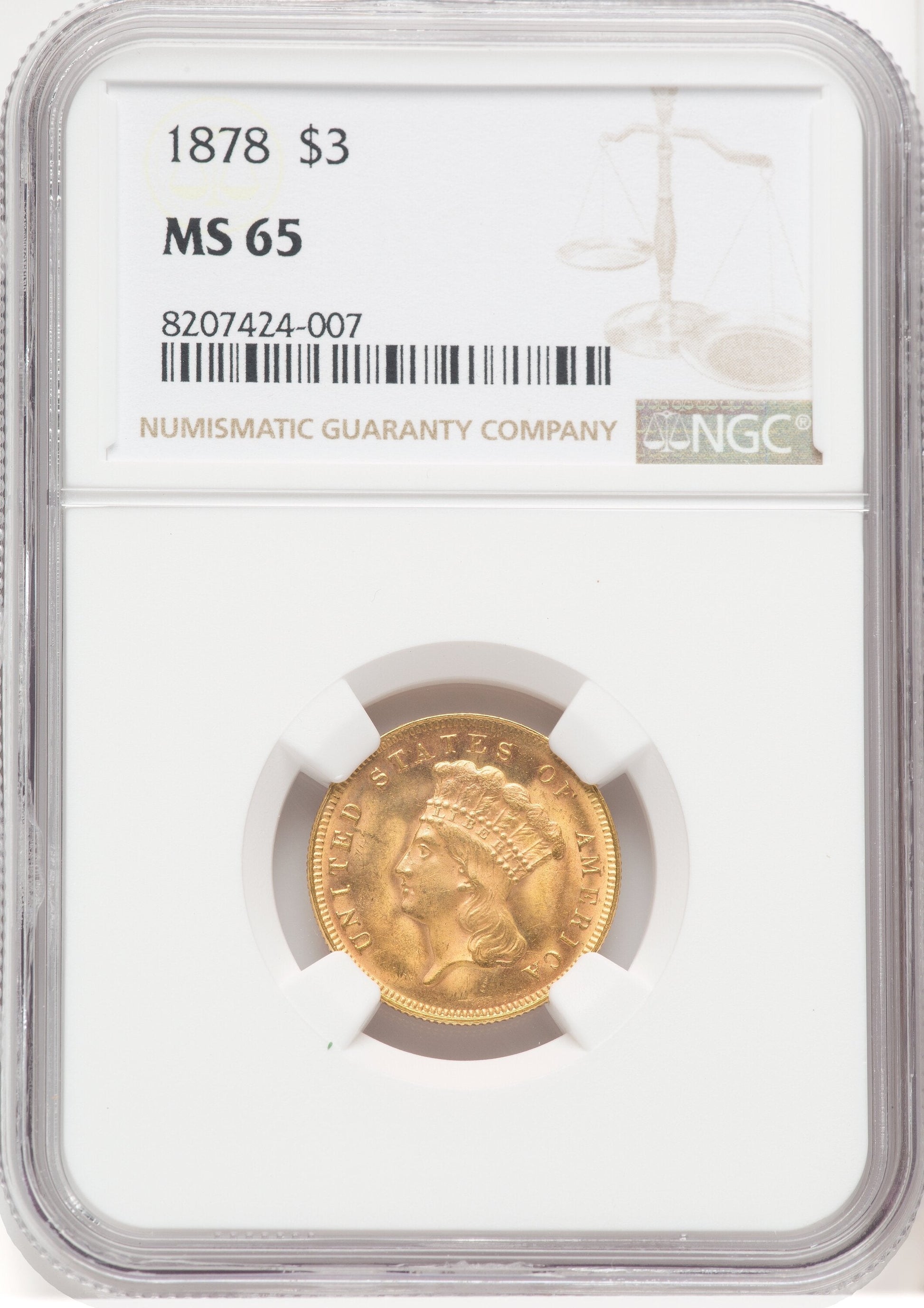 1878 $3 Three Dollar Gold Pieces NGC MS65