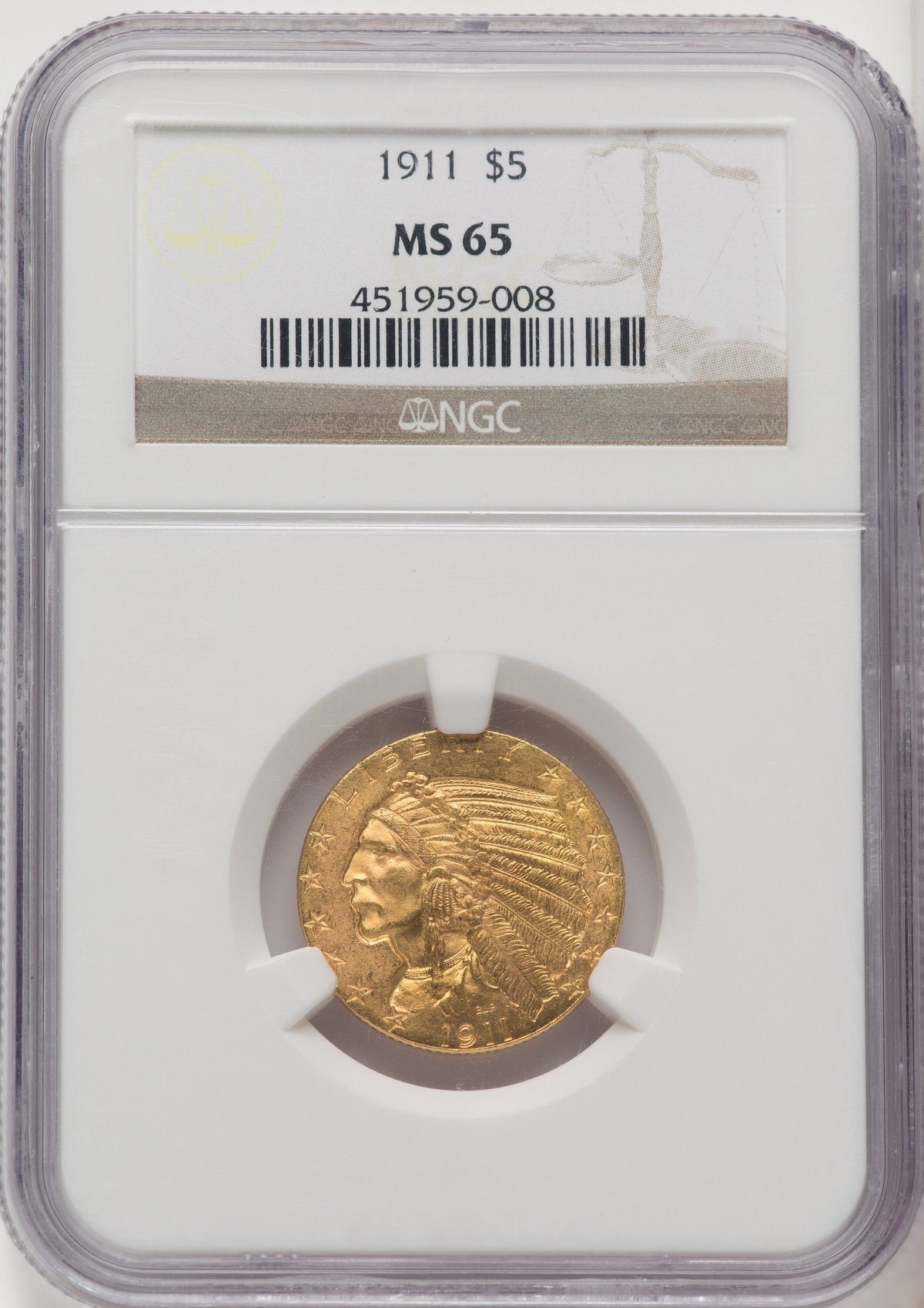1911 $5 Indian Half Eagle NGC MS65