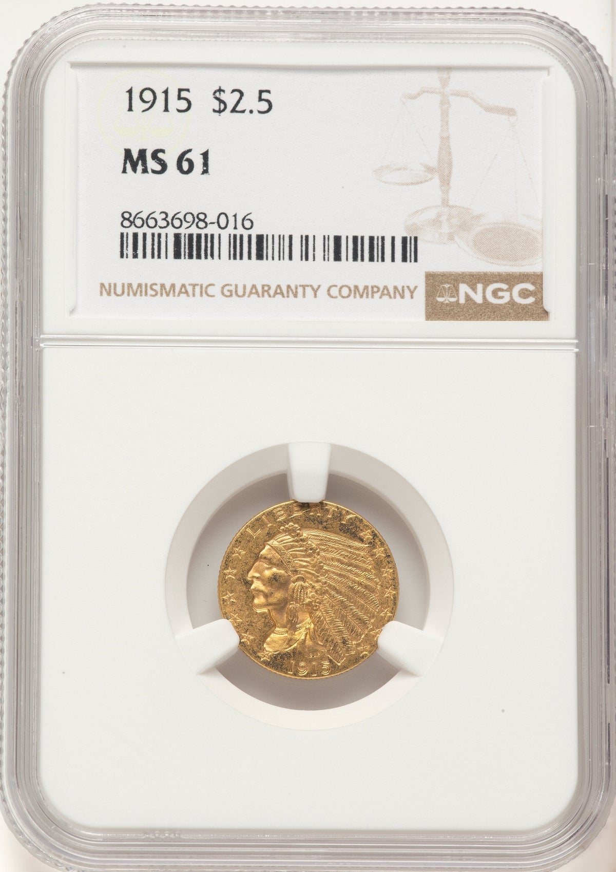 1915 $2.50 Indian Quarter Eagle NGC MS61