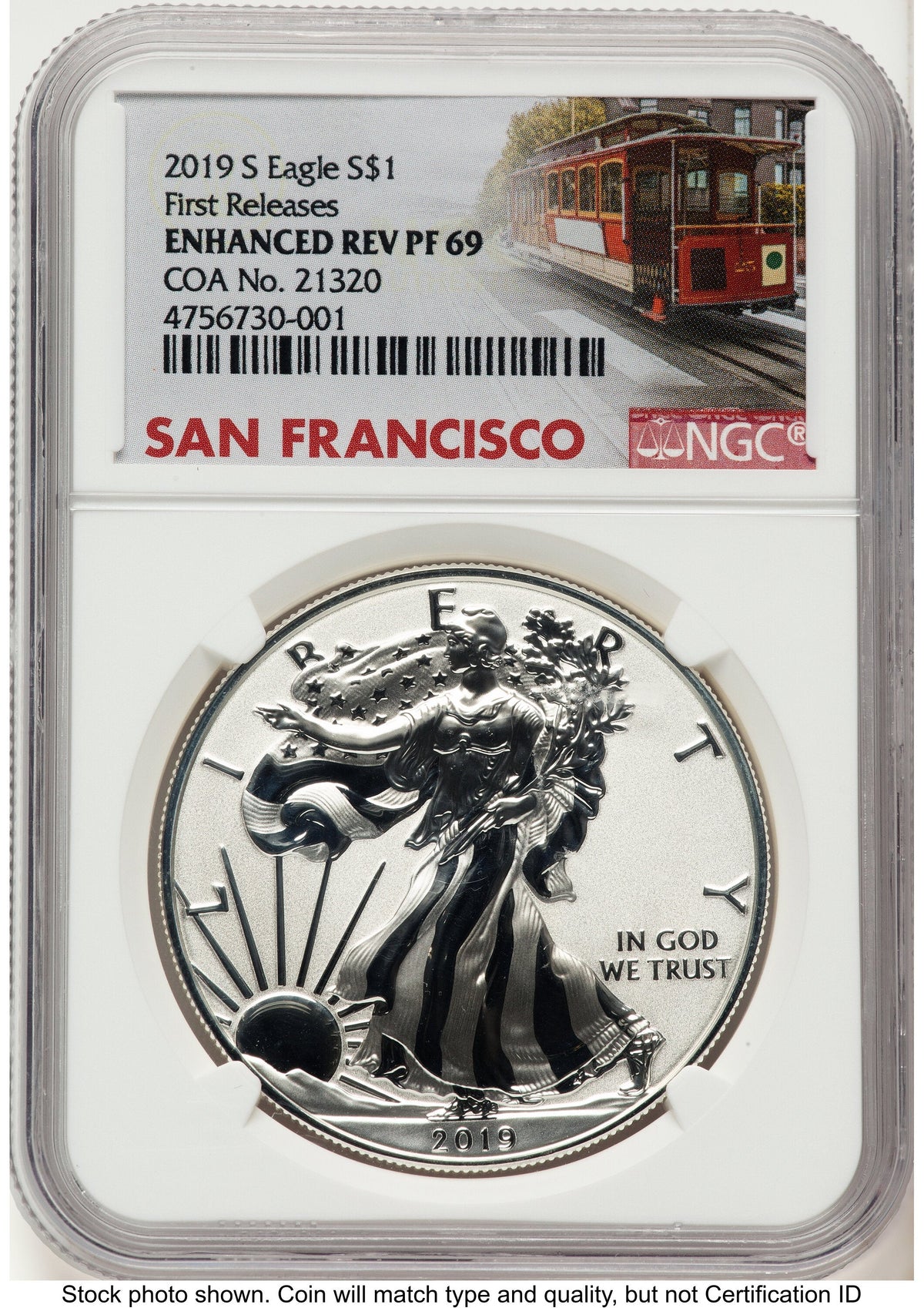 2019-S Enhanced Reverse Proof Silver Eagle 1 oz FR Trolley Label NGC PF69