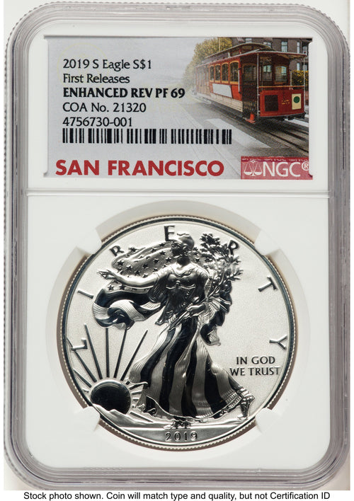 2019-S Enhanced Reverse Proof Silver Eagle 1 oz FR Trolley Label NGC PF69