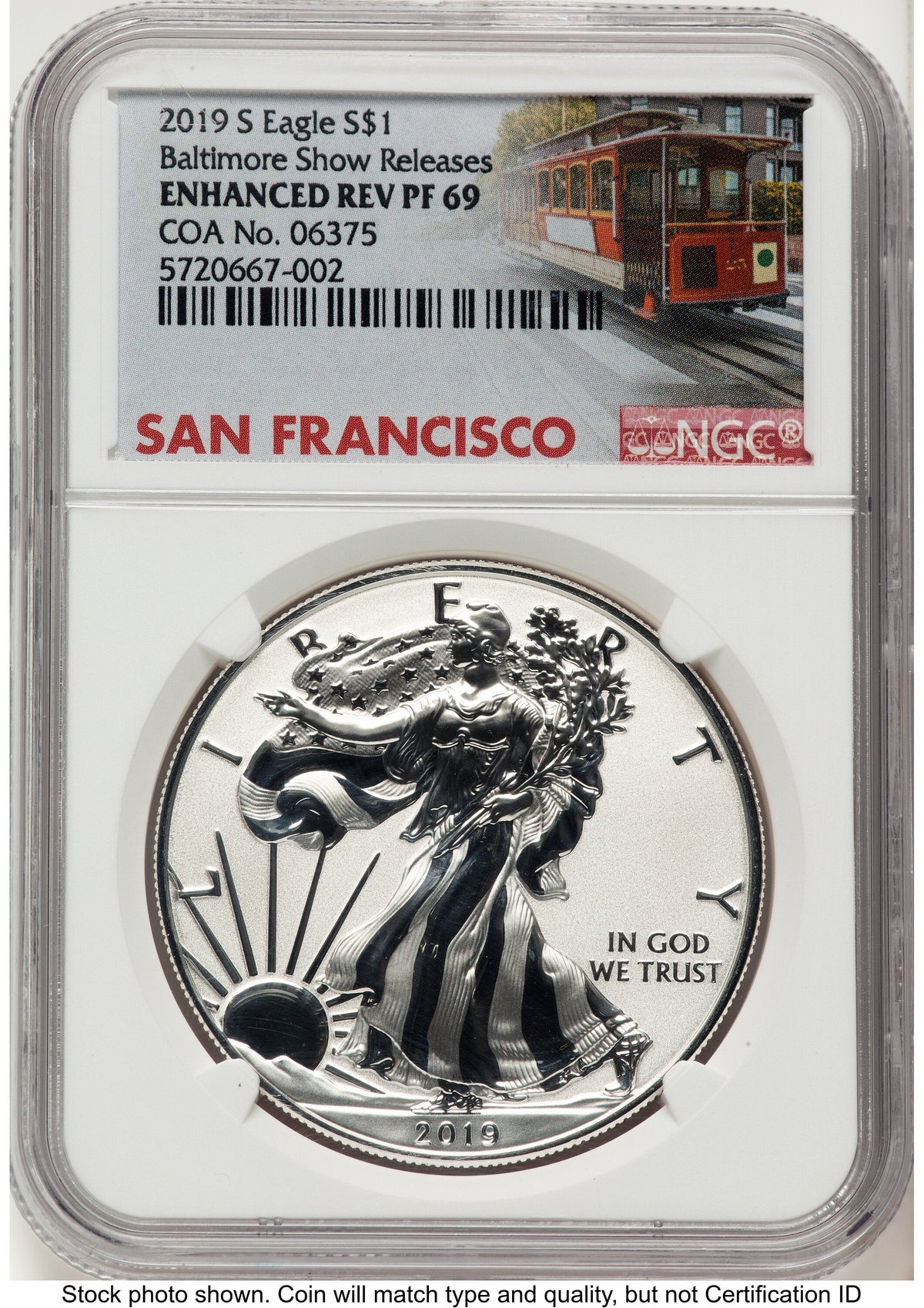 2019-S Enhanced Reverse Proof Silver Eagle 1 oz Baltimore Show Releases Trolley Label NGC PF69