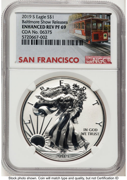 2019-S Enhanced Reverse Proof Silver Eagle 1 oz Baltimore Show Releases Trolley Label NGC PF69
