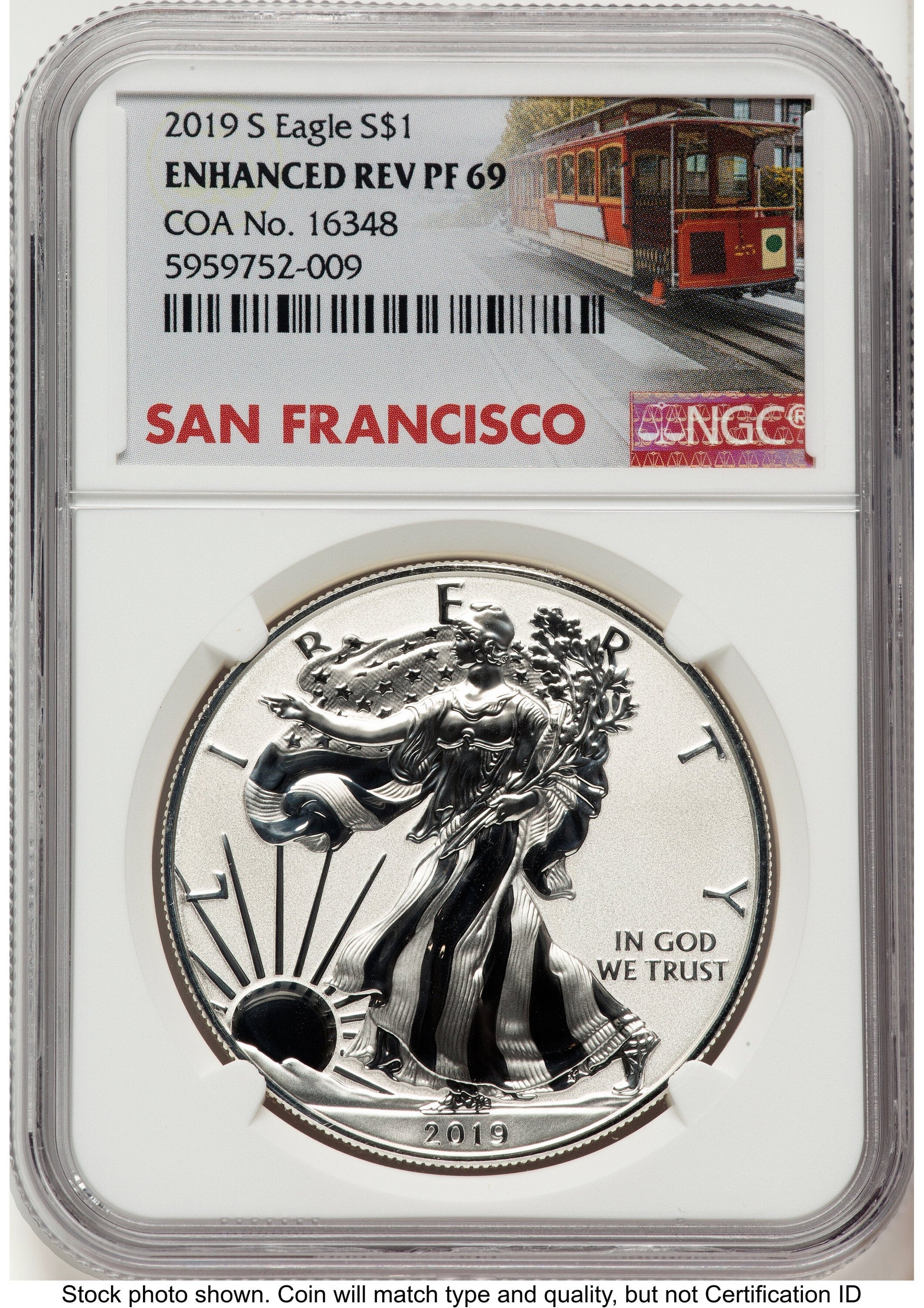 2019-S Enhanced Reverse Proof Silver Eagle 1 oz Trolley Label NGC PF69