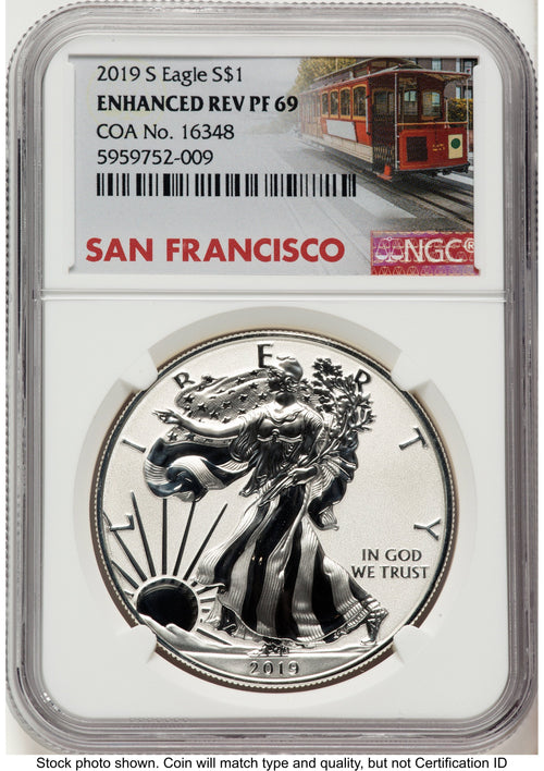 2019-S Enhanced Reverse Proof Silver Eagle 1 oz Trolley Label NGC PF69