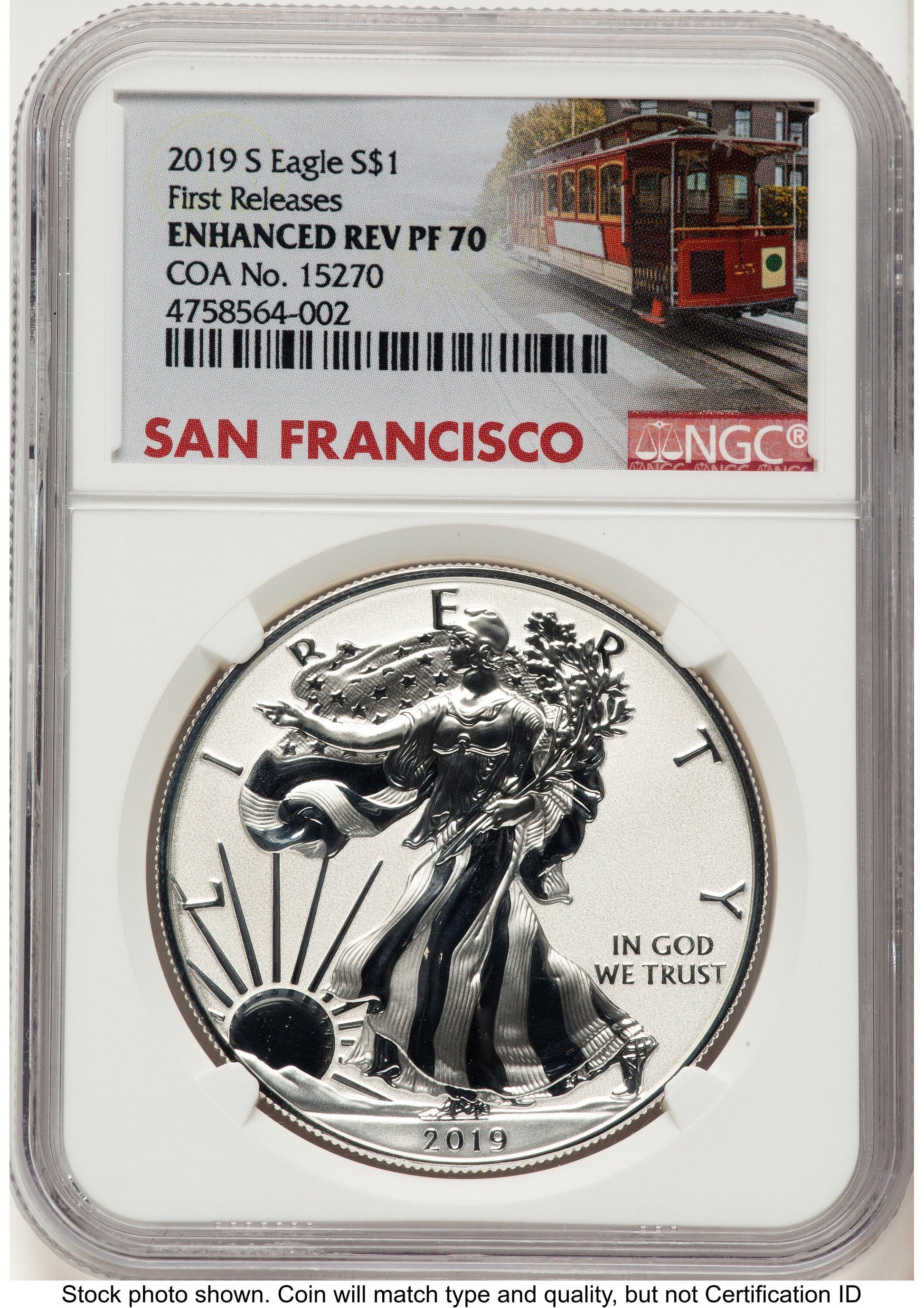2019-S Enhanced Reverse Proof Silver Eagle 1 oz FR Trolley Label NGC PF70