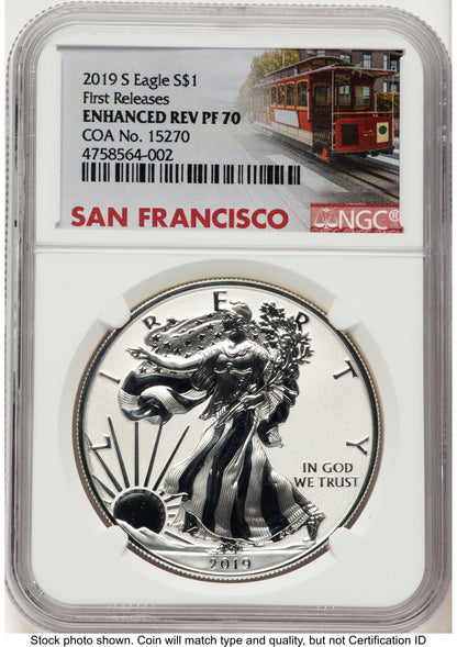 2019-S Enhanced Reverse Proof Silver Eagle 1 oz FR Trolley Label NGC PF70