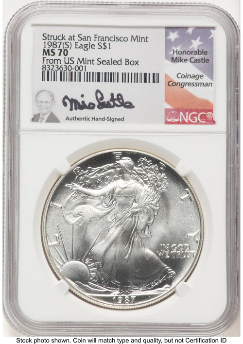 1987-(S) Silver Eagle Mike Castle From US Mint Sealed Box NGC MS70