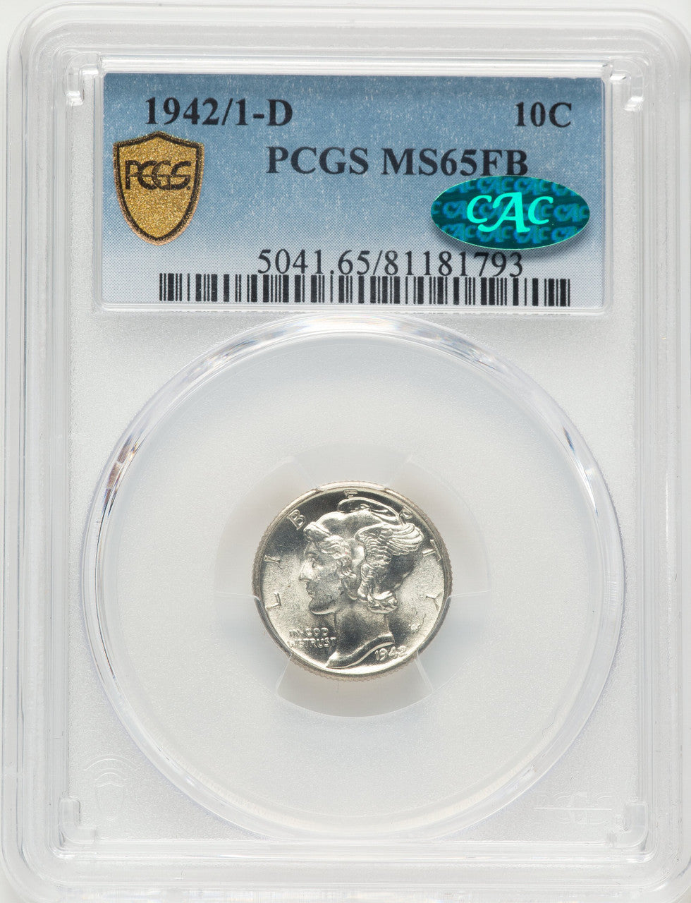 1942/1-D 10C FB CAC Mercury Dime PCGS MS65