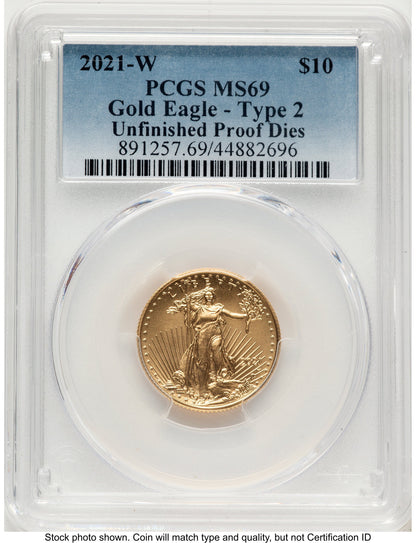 2021-W TY2 Gold Eagle 1/4 oz Unfinished Proof Dies Blue Gradient PCGS PR69