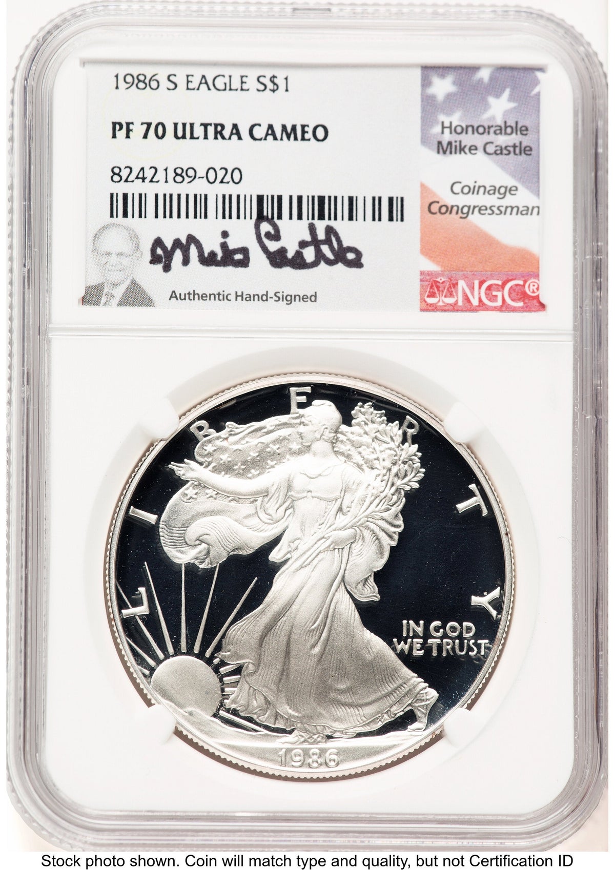 1986-S Proof Silver Eagle 1 oz Mike Castle NGC PF70
