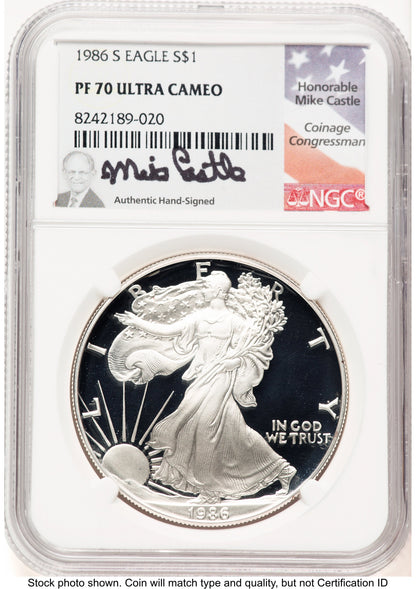 1986-S Proof Silver Eagle 1 oz Mike Castle NGC PF70