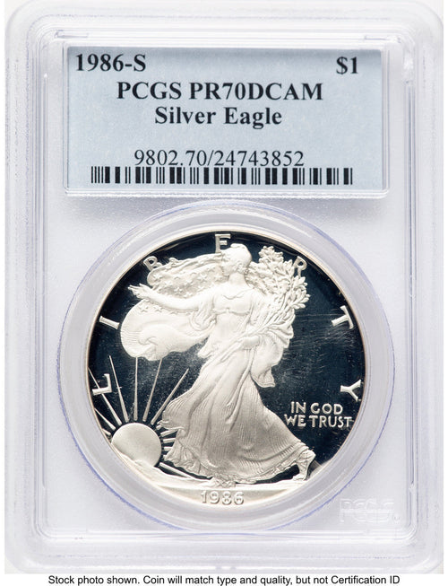 1986-S Proof Silver Eagle 1 oz Blue Label PCGS PR70 (773288022)