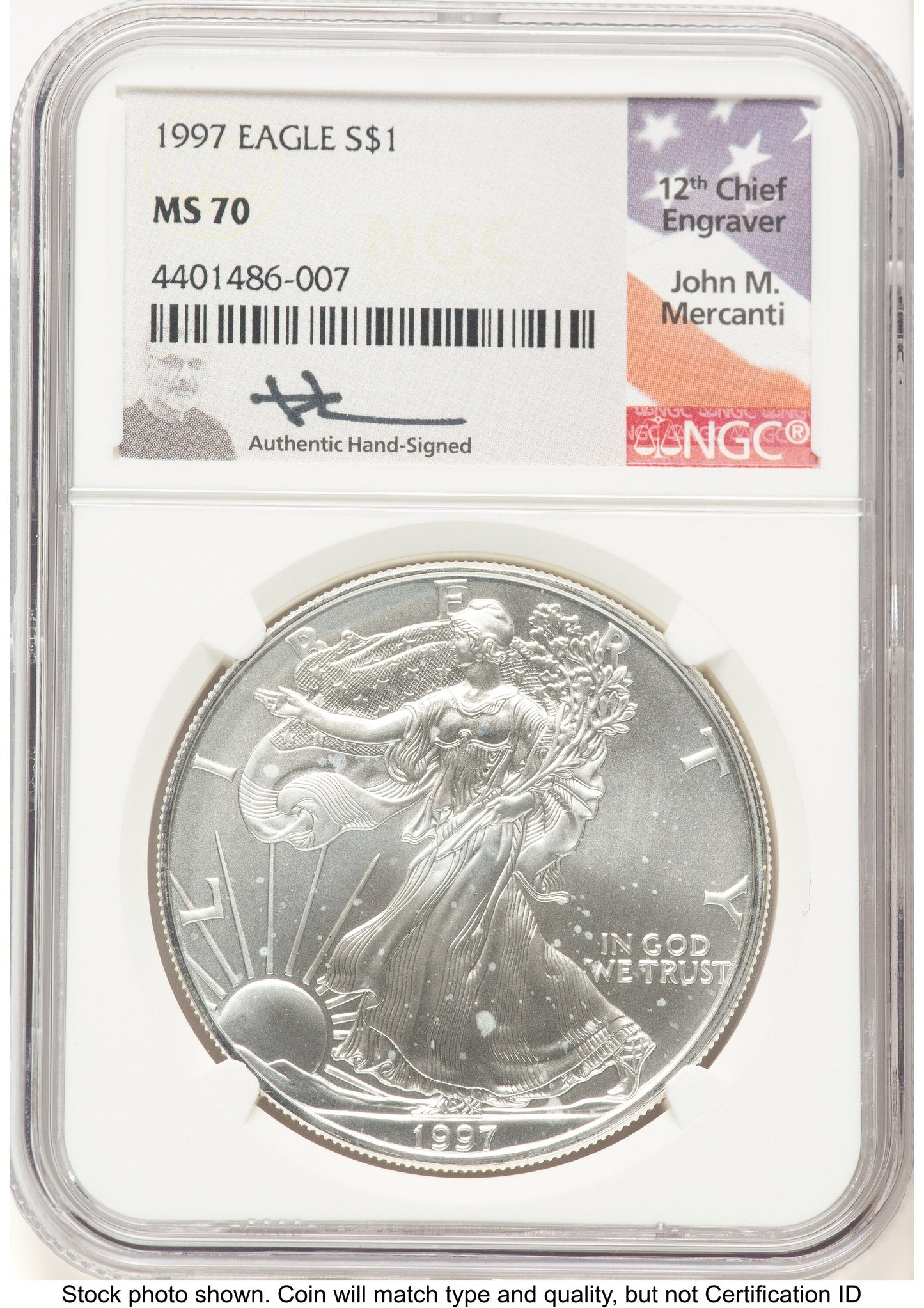 1997 Silver Eagle John NGC MS70 Mercanti