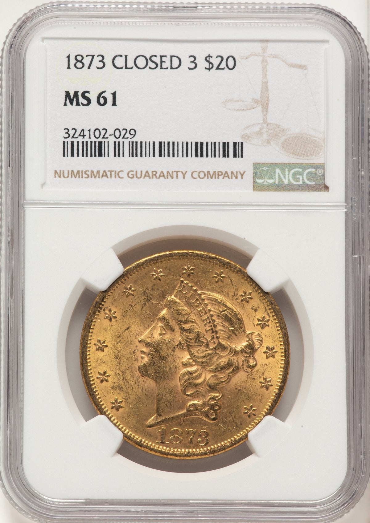 1873 $20 CLOSED 3 Brown Label Liberty Double Eagle NGC MS61