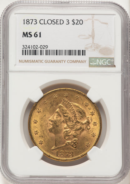 1873 $20 CLOSED 3 Brown Label Liberty Double Eagle NGC MS61