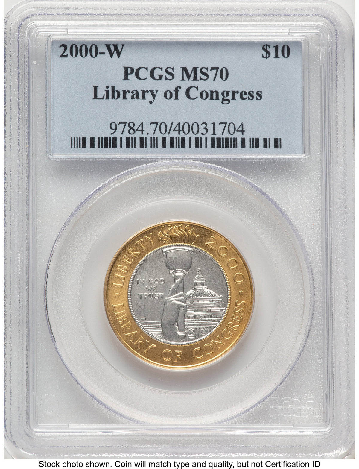 2000-W $10 Library of Congress Bi-Metallic Gold 0.2509 oz and Platinum 0.2509 oz Blue Label Modern Issues PCGS MS70