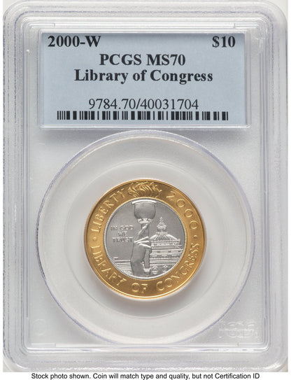 2000-W $10 Library of Congress Bi-Metallic Gold 0.2509 oz and Platinum 0.2509 oz Blue Label Modern Issues PCGS MS70