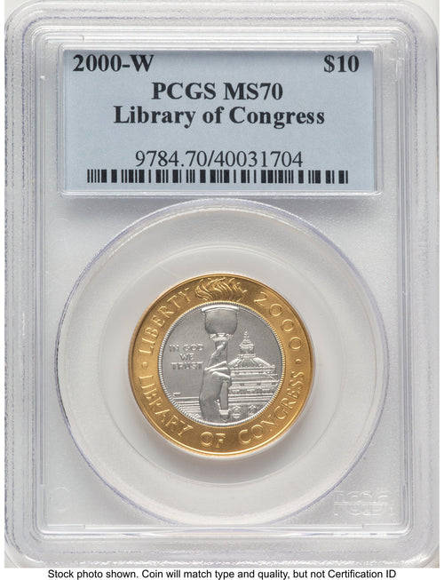 2000-W $10 Library of Congress Bi-Metallic Gold 0.2509 oz and Platinum 0.2509 oz Blue Label Modern Issues PCGS MS70