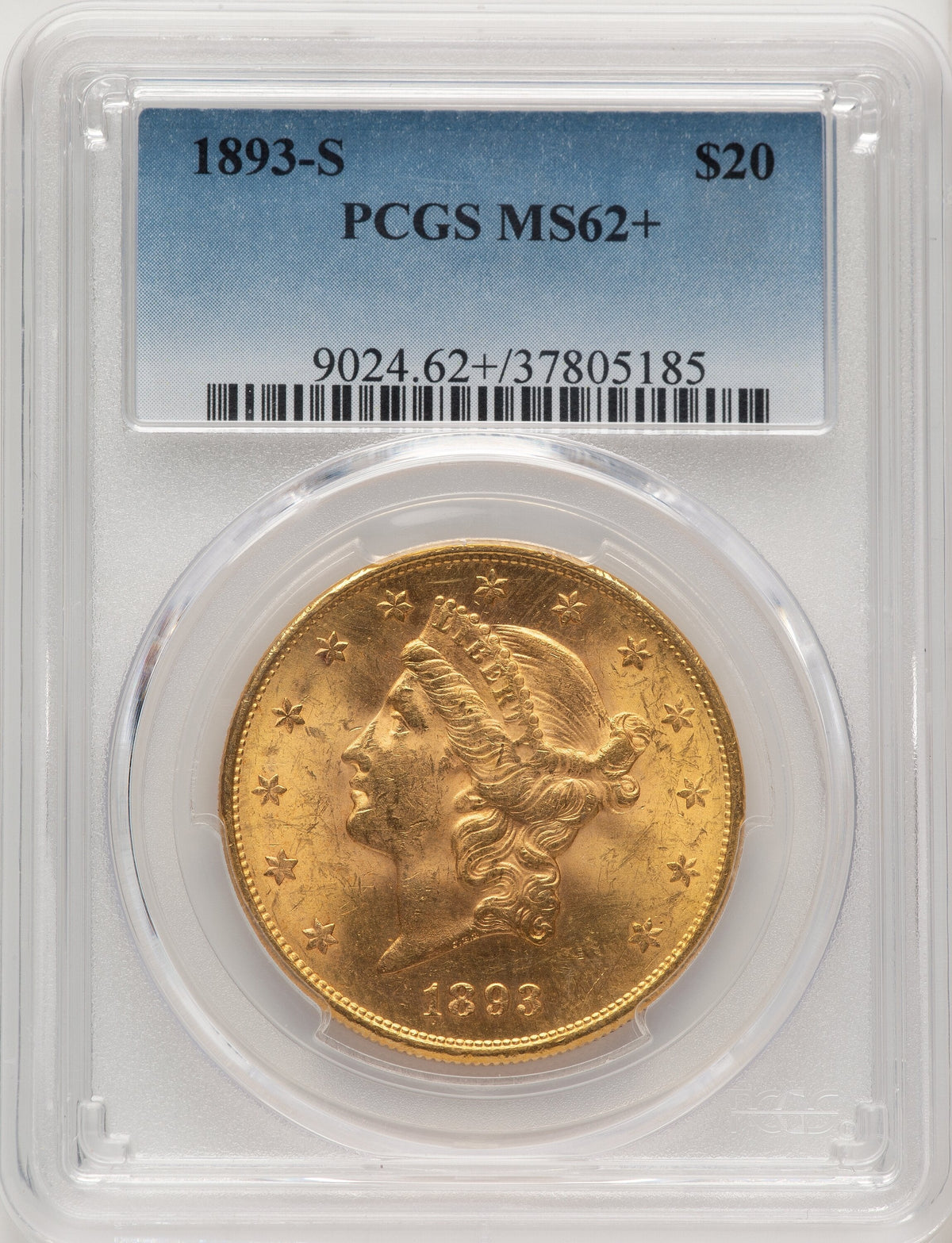1893-S $20 Blue Gradient Liberty Double Eagle PCGS MS62+