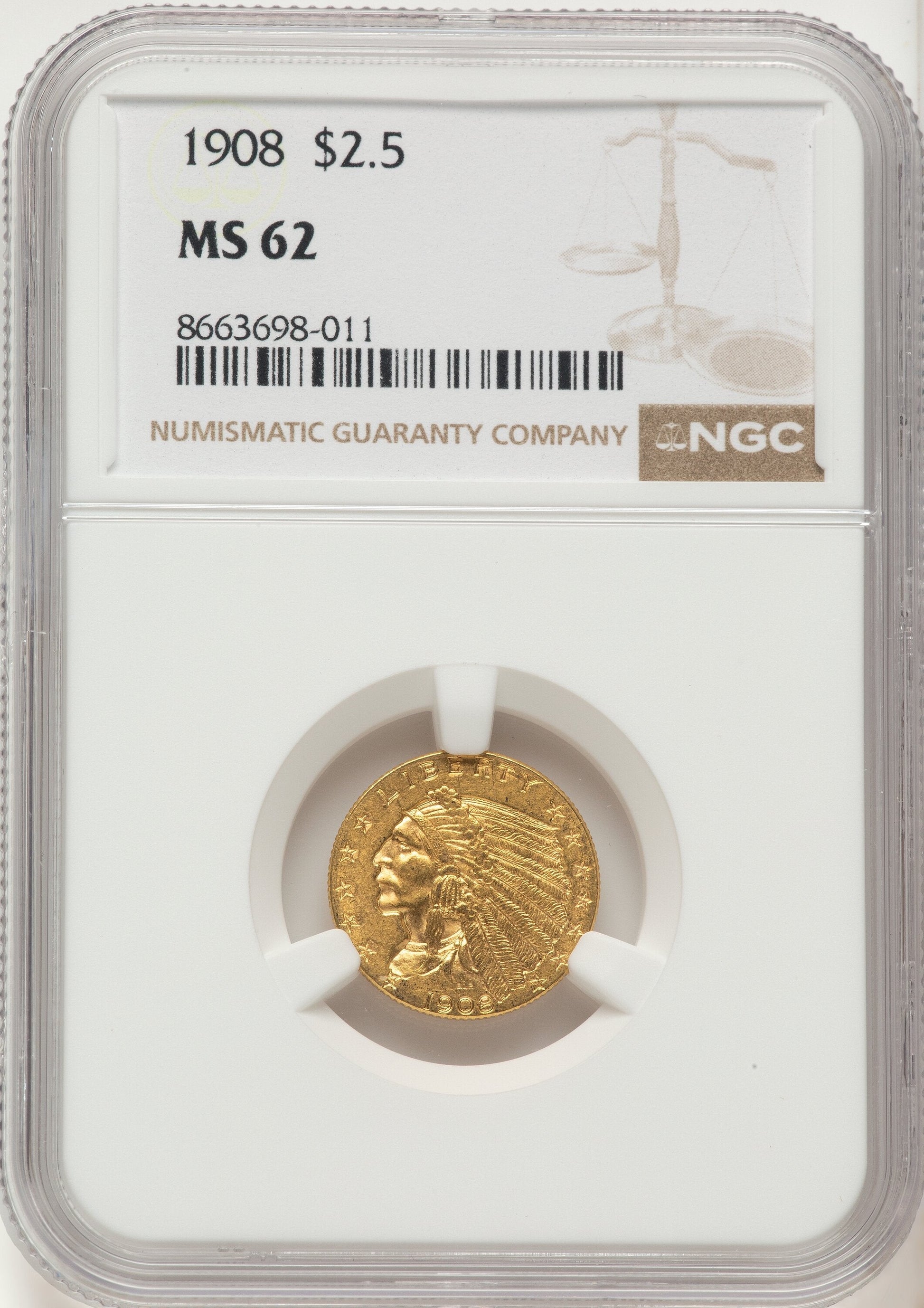 1908 $2.50 Indian Quarter Eagle NGC MS62