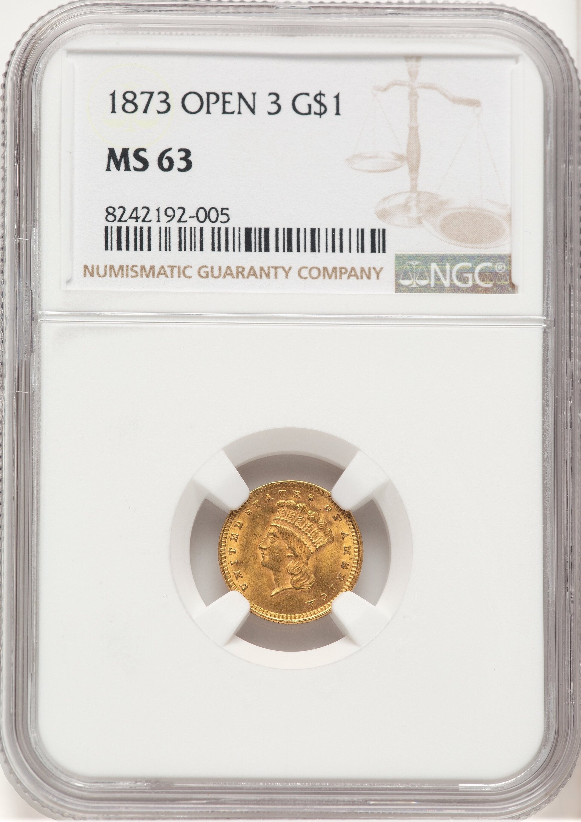 1873 G$1 OPEN 3 Gold Dollar NGC MS63