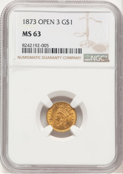 1873 G$1 OPEN 3 Gold Dollar NGC MS63