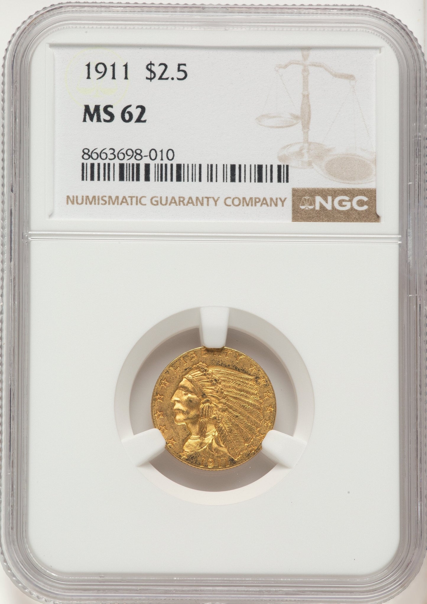 1911 $2.50 Indian Quarter Eagle NGC MS62