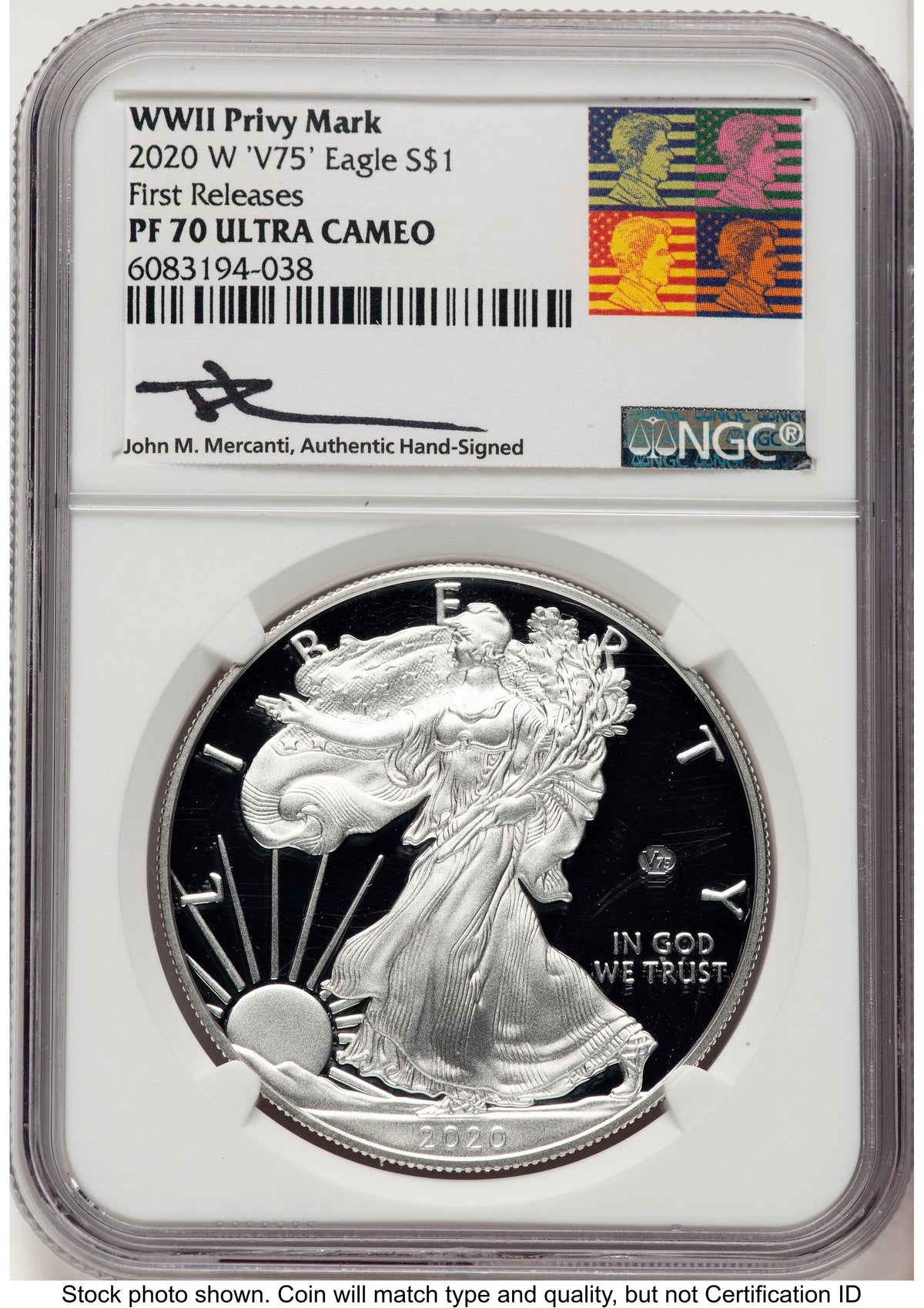 2020-W Proof Silver Eagle V75 Privy 1 oz FR John Reagan Bust Art NGC PF70 Mercanti
