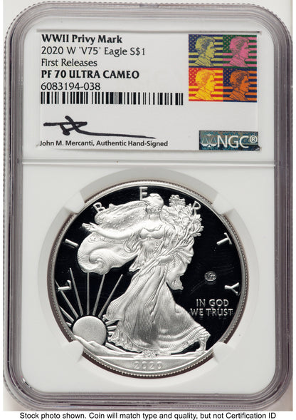 2020-W Proof Silver Eagle V75 Privy 1 oz FR John Reagan Bust Art NGC PF70 Mercanti