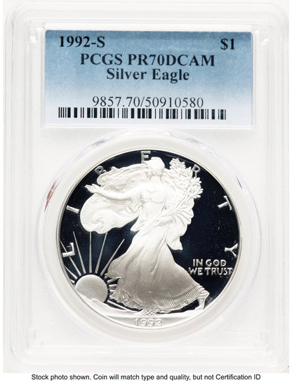 1992-S Proof Silver Eagle 1 oz Blue Gradient PCGS PR70 (776046010)