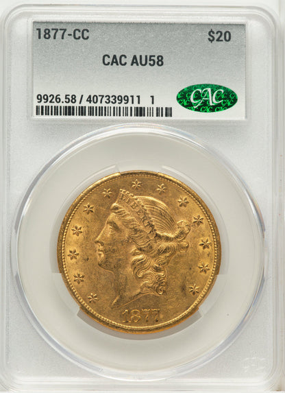 1877-CC $20 Liberty Double Eagle CACG AU58