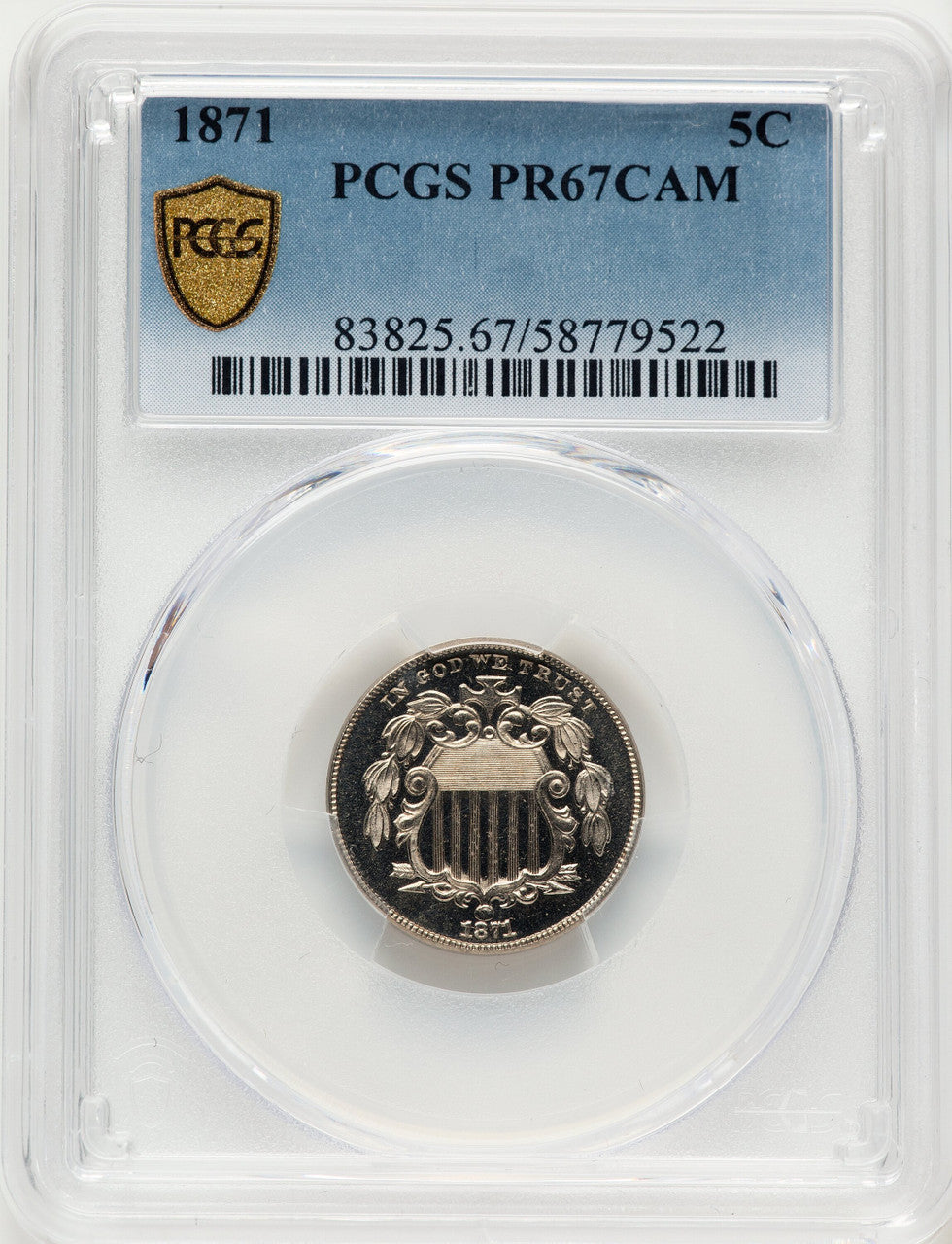 1871 5C CA Proof Shield Nickel PCGS PR67