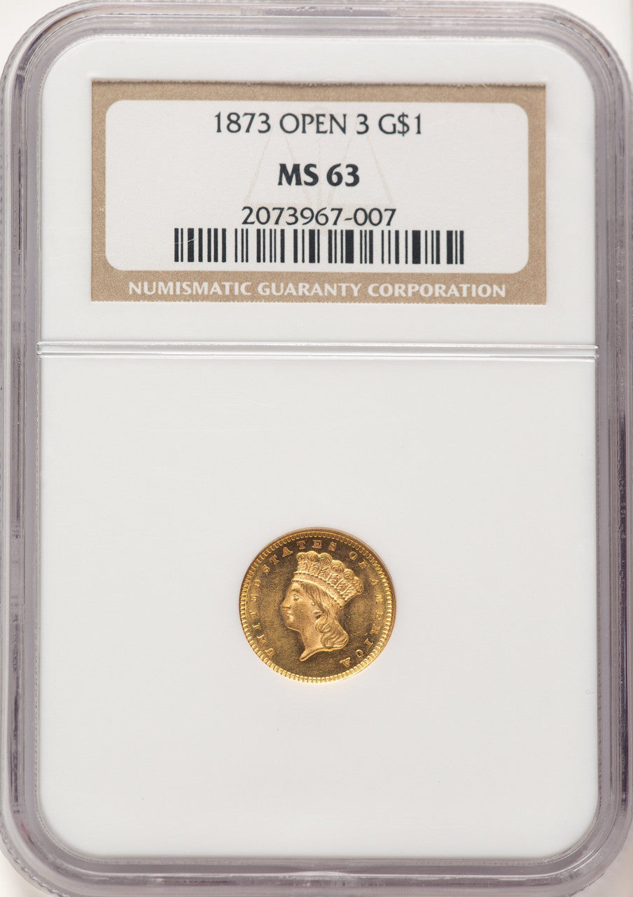 1873 G$1 OPEN 3 Gold Dollar NGC MS63
