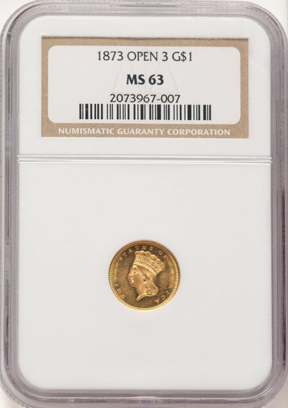 1873 G$1 OPEN 3 Gold Dollar NGC MS63