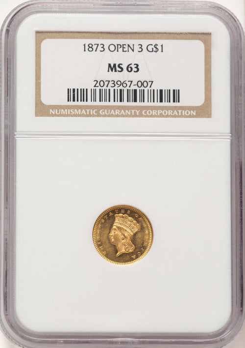 1873 G$1 OPEN 3 Gold Dollar NGC MS63