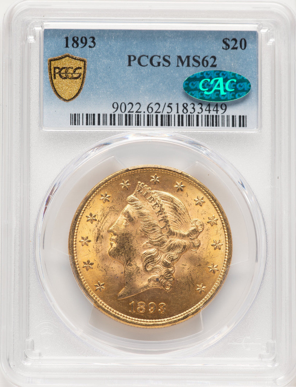1893 $20 CAC Liberty Double Eagle PCGS MS62