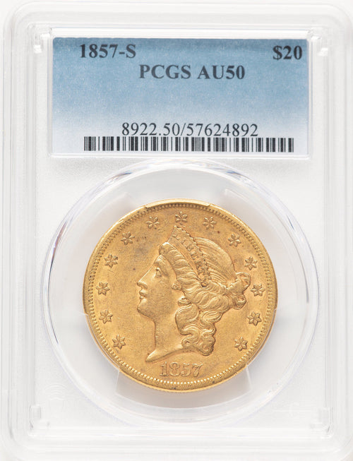 1857-S $20 Liberty Double Eagle PCGS AU50
