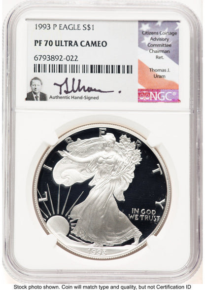 1993-P Proof Silver Eagle 1 oz Thomas Uram NGC PF70